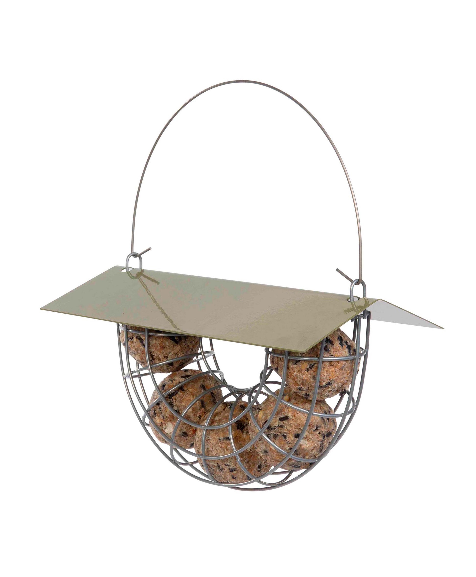 Suet ball feeder holding 5 high quality suet balls. squirrel resistant all metal suet ball bird feeder fitted with rain proof cover and durable metal hanging wire.