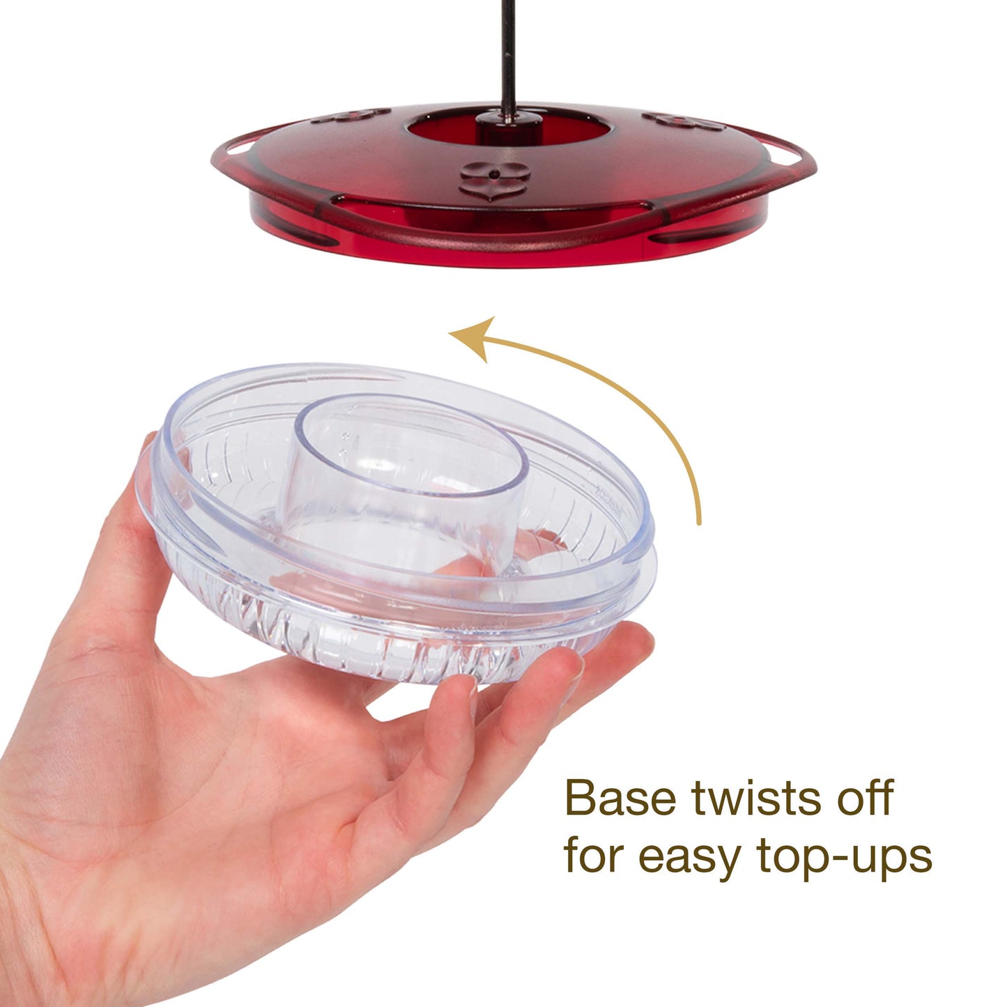Hanging sweet spot hummingbird feeder with base screwed off to show easy refills.