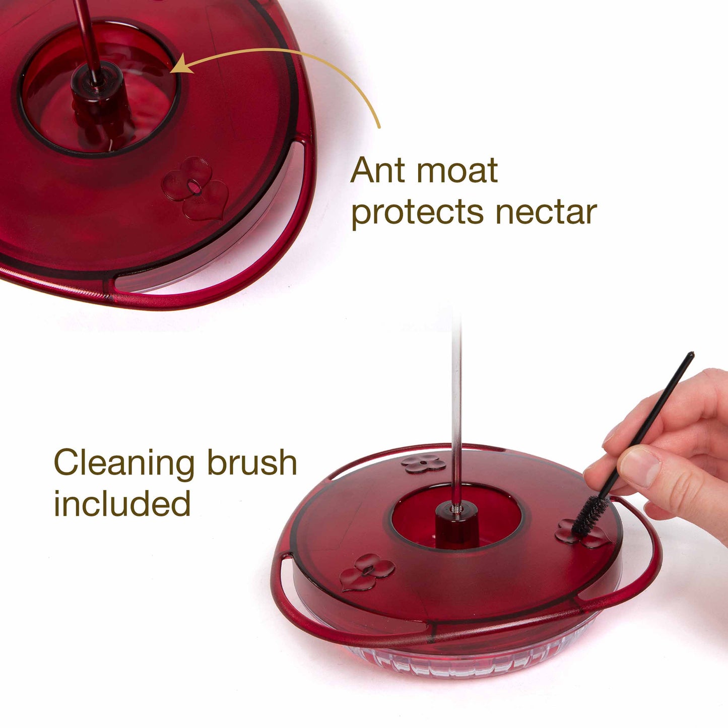 The Sweet Spot hummingbird feeder with its ant moat filled with water to exclude ants and bees from eating the nectar. underneath is a hand showcasing the cleaning of the jacobi jayne feeders ports with the included cleaning brush.