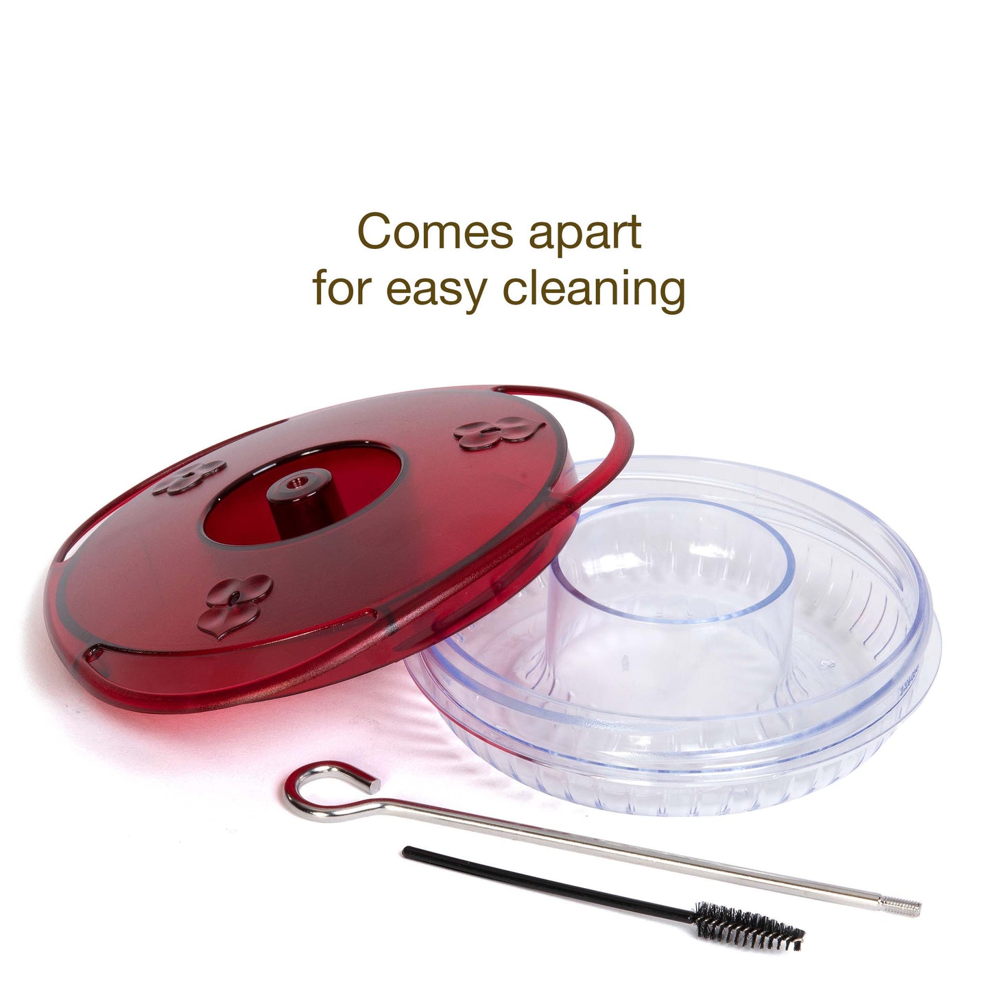 Dismantled Sweet Spot hummingbird feeder showcasing easy-removable li, twist-off base, durable steel hanging wire, and included port cleaning brush.