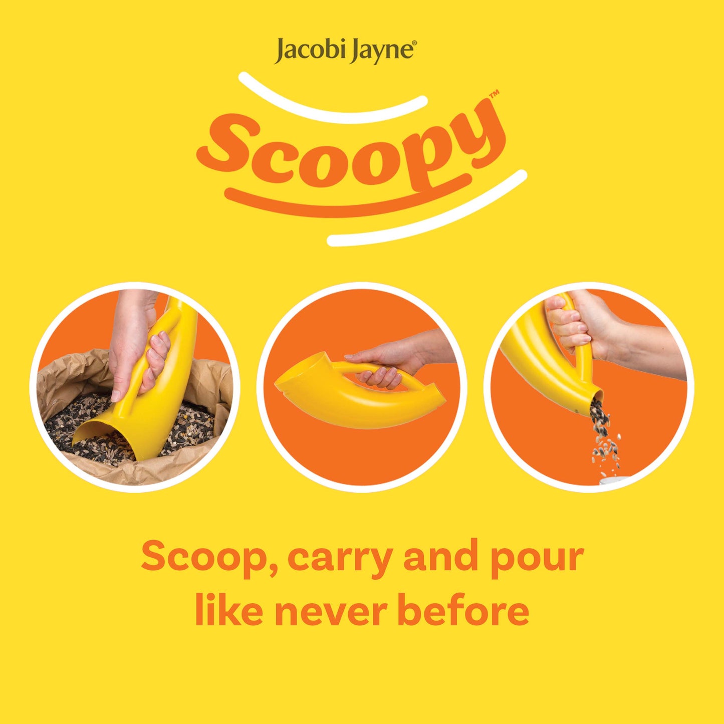 Scoopy scooping seed from a sack, carried full of the bird food blend, and poured from the bird food scoop into a bird feeder.