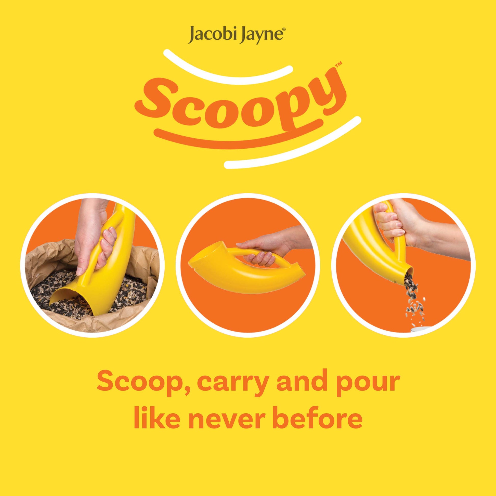 Scoopy scooping seed from a sack, carried full of the bird food blend, and poured from the bird food scoop into a bird feeder.