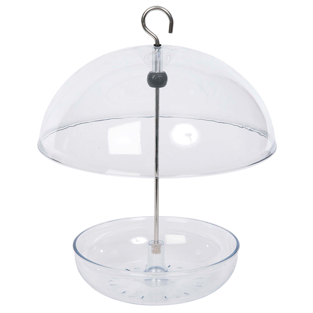 Domed bird feeder made of durable polycarbonate. UV resistant dome bird feeder with adjustable rain cover to bar larger bird and pests like raccoons, squirrels, pigeons and starlings. Fitted with drainage holes to prevent waterlogging. Perfect for offering mealworms, seed blends and mixes, sunflower hearts, black sunflower seed, millet, cereal grains, suet grains, fresh fruit, sawflower seeds, peanuts and nyjer seeds to a range of wild and backyard birds like orioles, cardinals, bluebirds and chickadees.