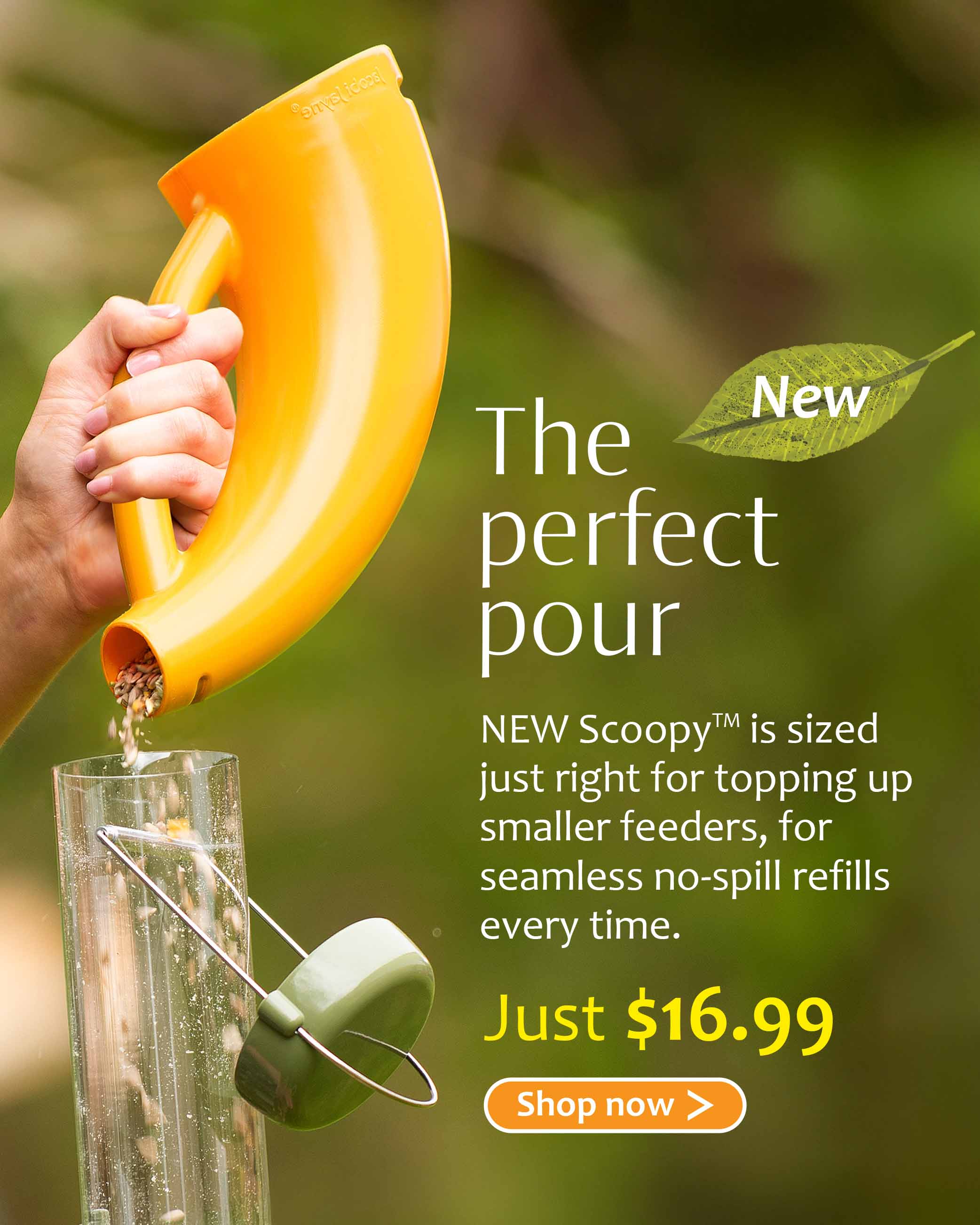 The perfect pour. NEW Scoopy™ is sized just right for topping up smaller feeders, for seamless no-spill refills every time. Just $16.99 Shop now. With image of the scoopy bird feeding scoop pouring a bird seed mix or bird food into a Jacobi Jayne metal bird feeder in a spring garden.