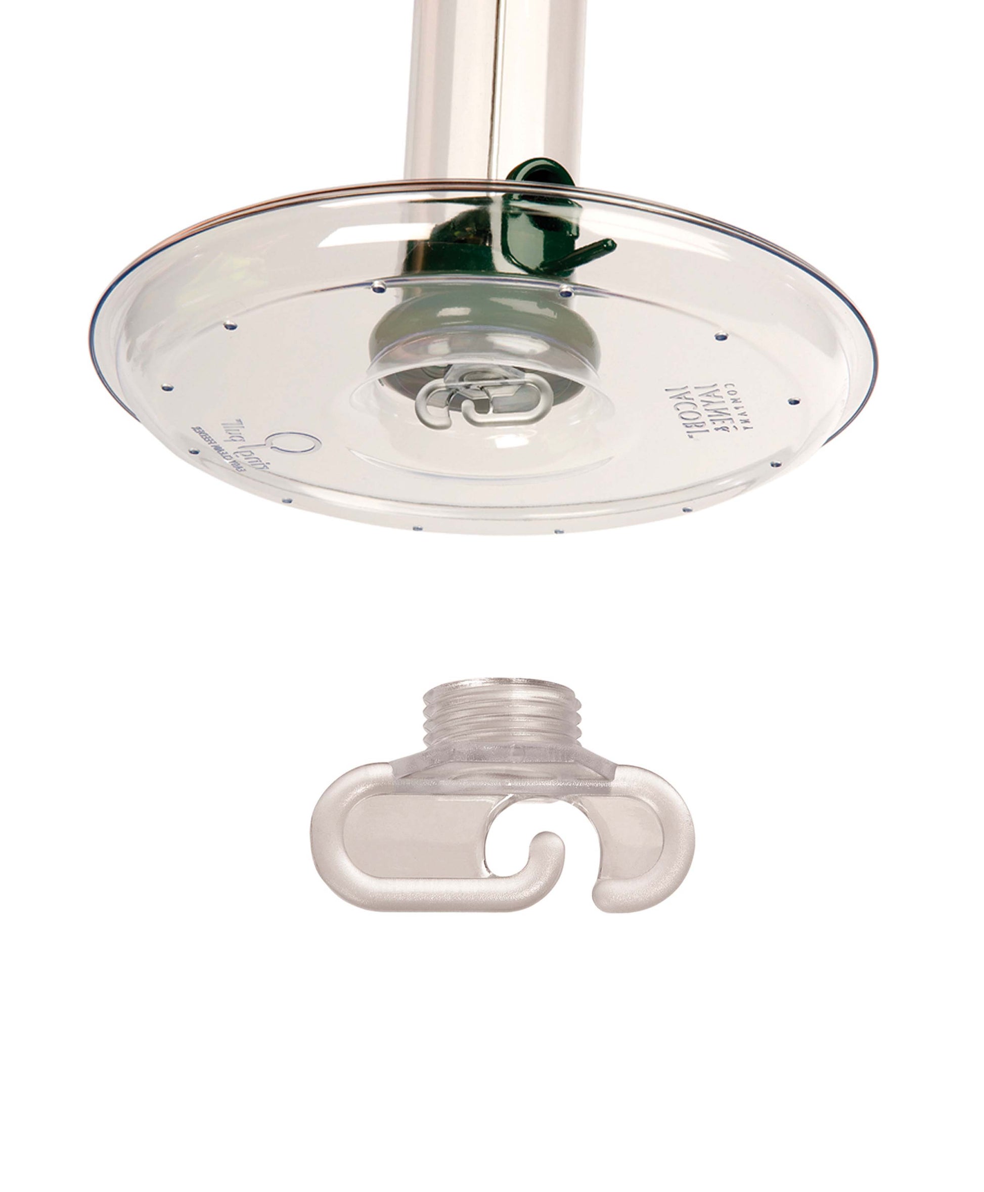 Clear Plastic Base Link and Ring Pull Bird Feeder Tray screwed into a Plastic Bird Feeder. Perfect for catching seed blends and mixes, peanuts, nyjer seeds, suet pellets, sunflower hearts, black sunflower seed, sunflower seeds, millet,  and cracked corn