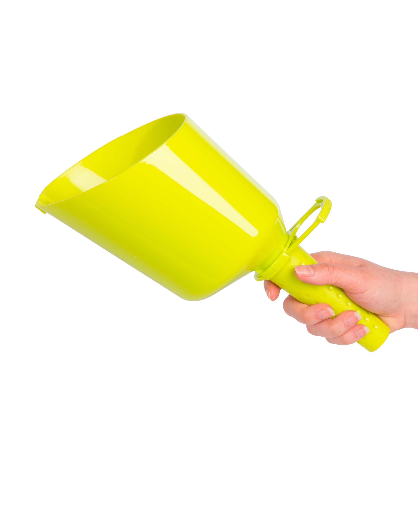 Flo bird feed scoop made from durable green plastic.
