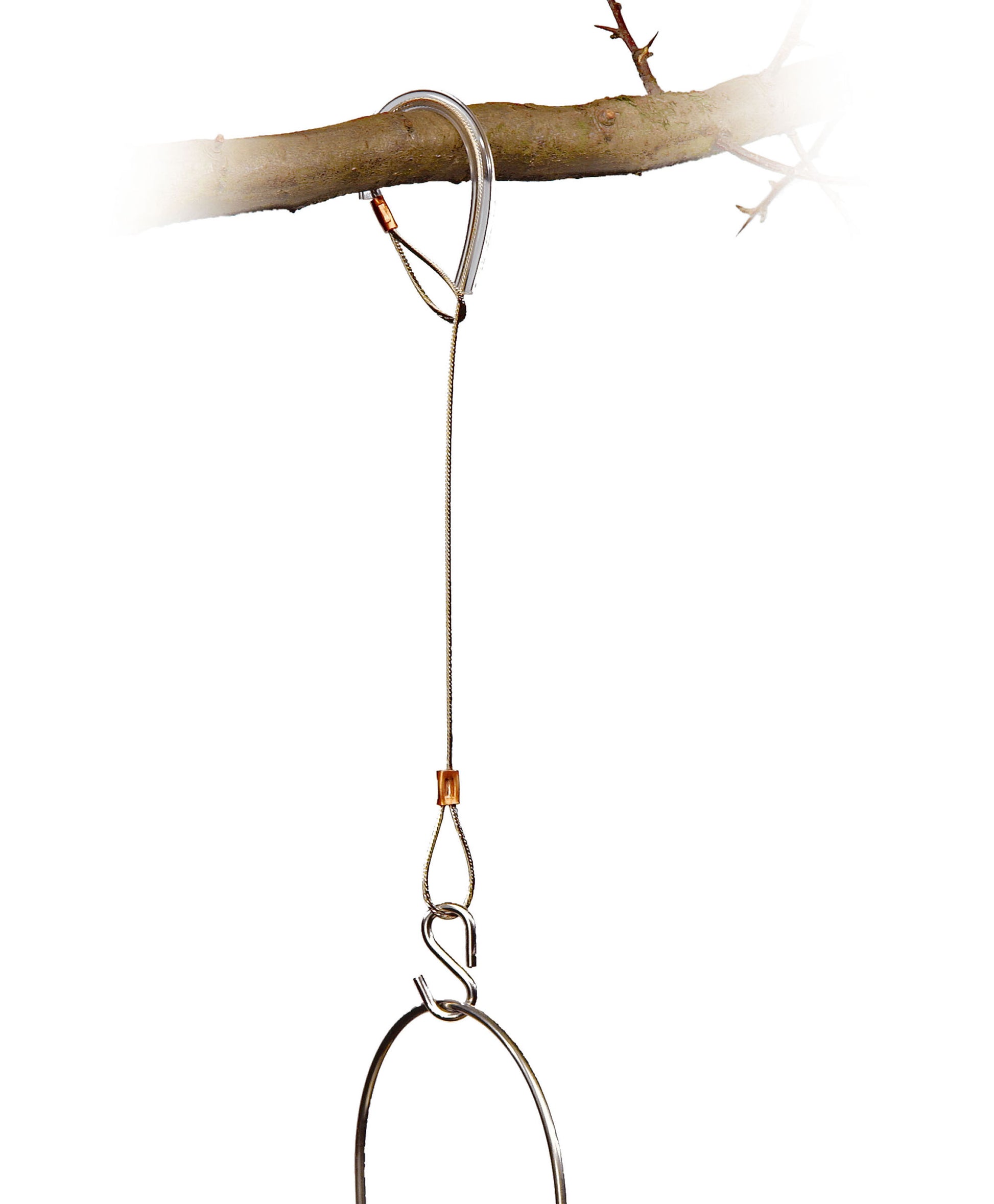 Hanging wire used to suspend bird feeders from branches. The plastic cover prevents damage to the tree branch, the long lenth of the hanging wire also deters pests such as raccoons, rats and squirrels from stealing your quality bird seed blends and mixes.