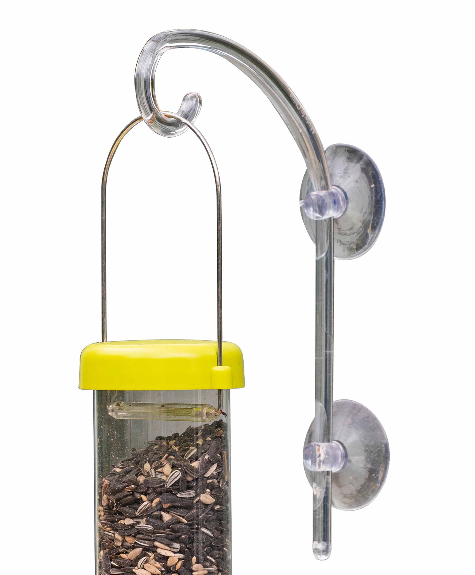 Durable plastic window hook with strong suction cups, perfect for hanging large bird feeders, small bird feeders, nyjer seed bird feeders, seed bird feeders, peanut bird feeder, suet bird feeder, caged bird feeder, and squirrel proof bird feeders.