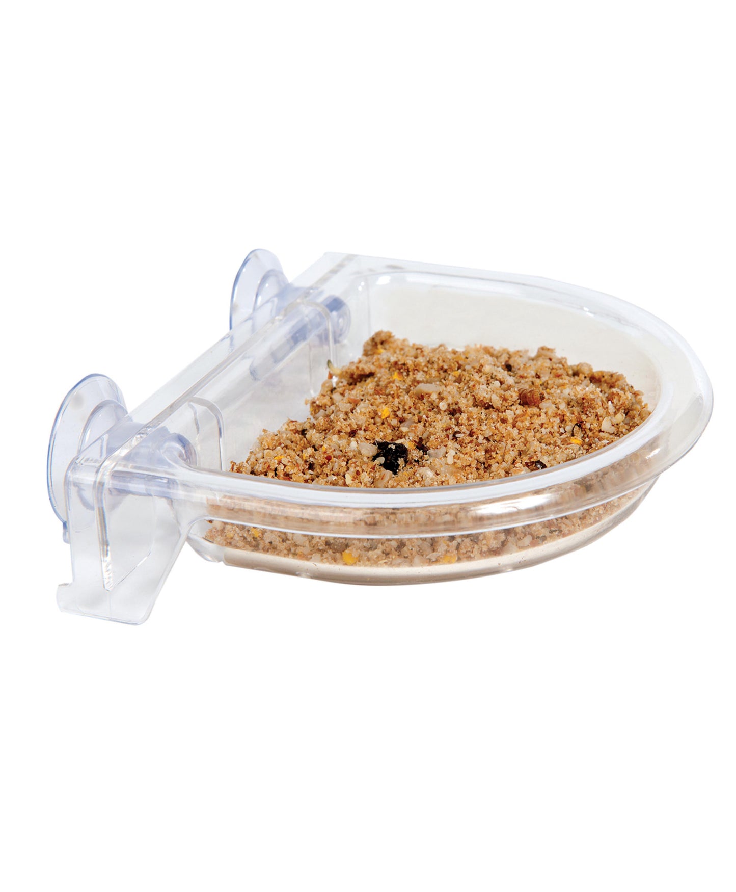Clear oriole window bird feeder with strong suction cups and drainage holes, serving seeds and blends for wild and backyard birds.