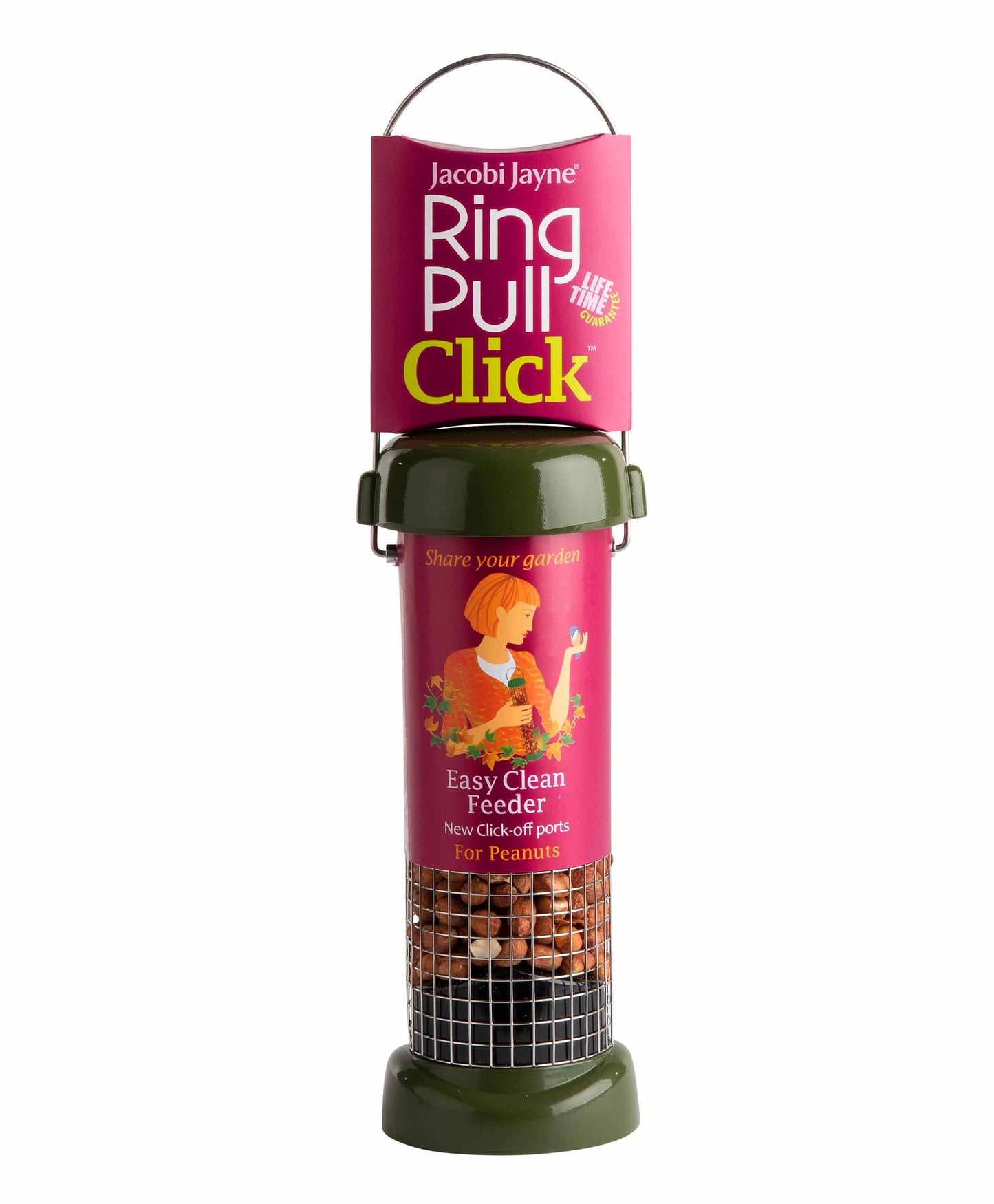large metal peanuts feeder. Easy clean squirrel resistant bird feeder, perfect for high fat peanuts and suet pellets. Fitted with twist off base, durable metal cage, strong hanging wire and lift of lid for simple refills.