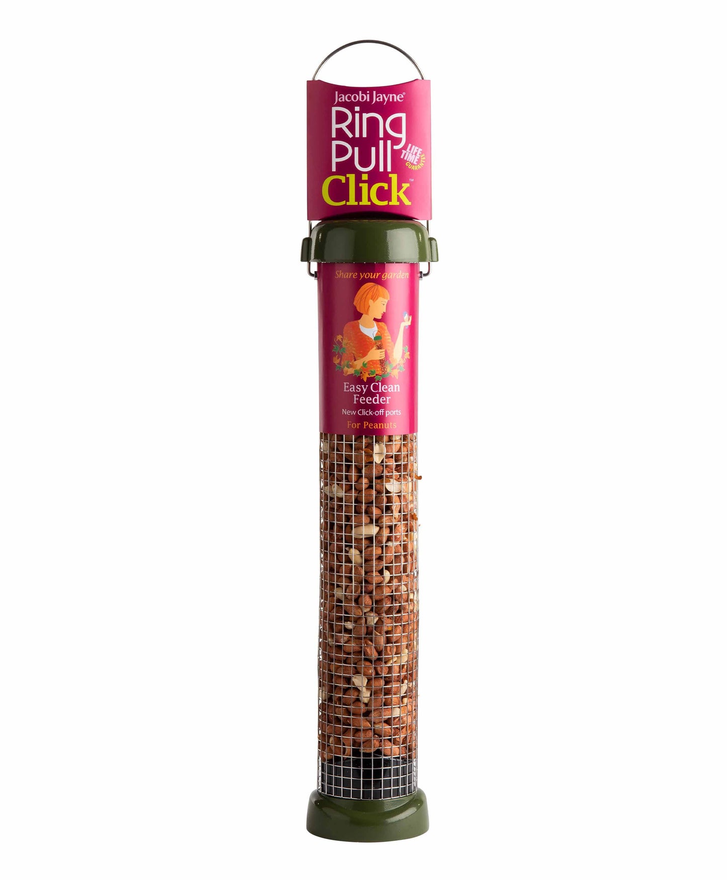 Large metal peanuts feeder. Easy clean squirrel resistant bird feeder, perfect for high fat peanuts and suet pellets. Fitted with twist off base, durable metal cage, strong hanging wire and lift of lid for simple refills.