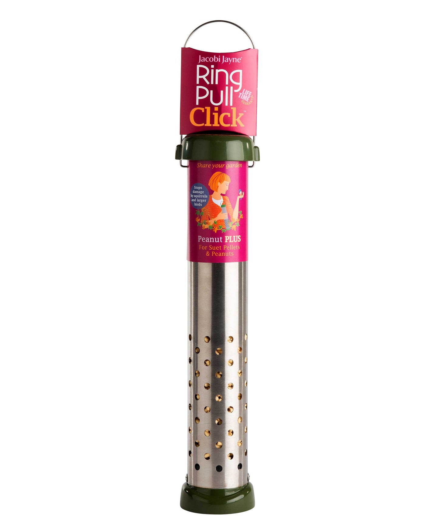 All metal construction, squirrel resistant bird feeder. Easy clean durable metal peanut and suet pellet feeder fitted with twist off base, strong metal hanging wire and lift off base, filled with high fat suet pellets, perfect for birds in the winter.