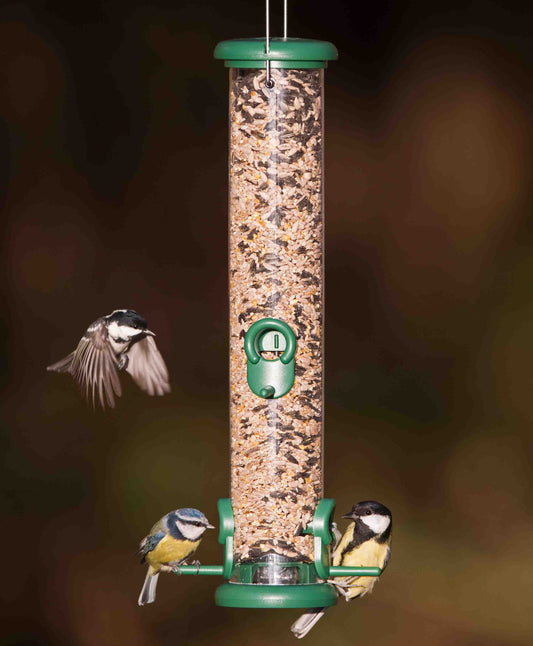 Easy clean bird feeder with chickadee, blue tit and great tit feeding on premium bird seed mix and blend.