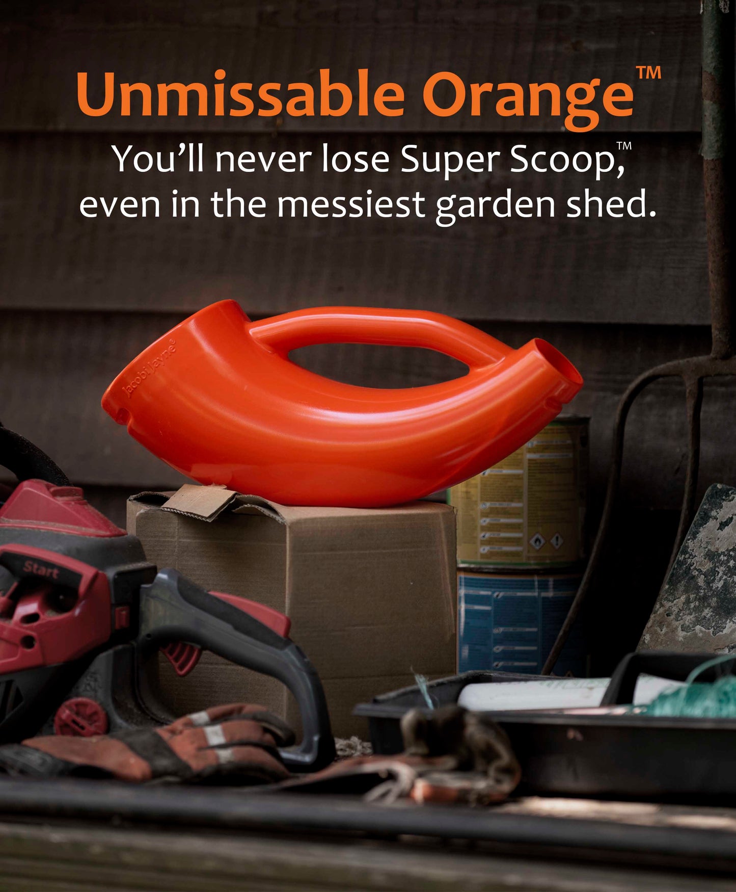 Colorful bird seed scoop for scooping bird seed standing out in messy garden shed.