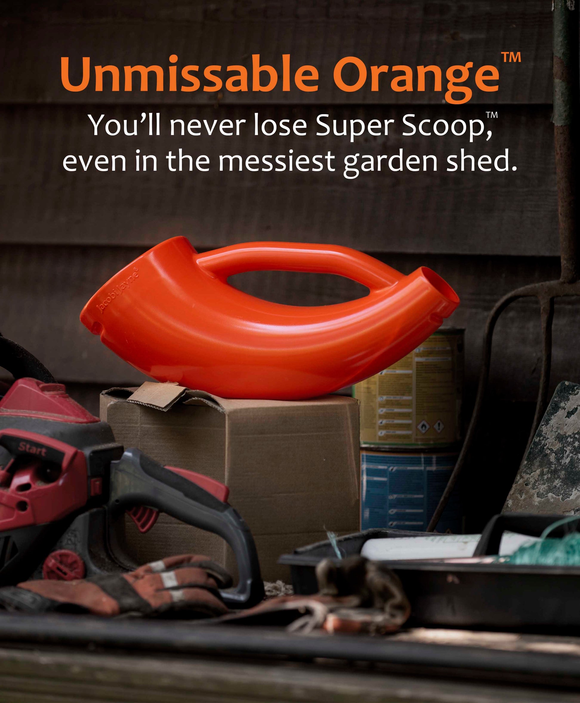 Colorful bird seed scoop for scooping bird seed standing out in messy garden shed.
