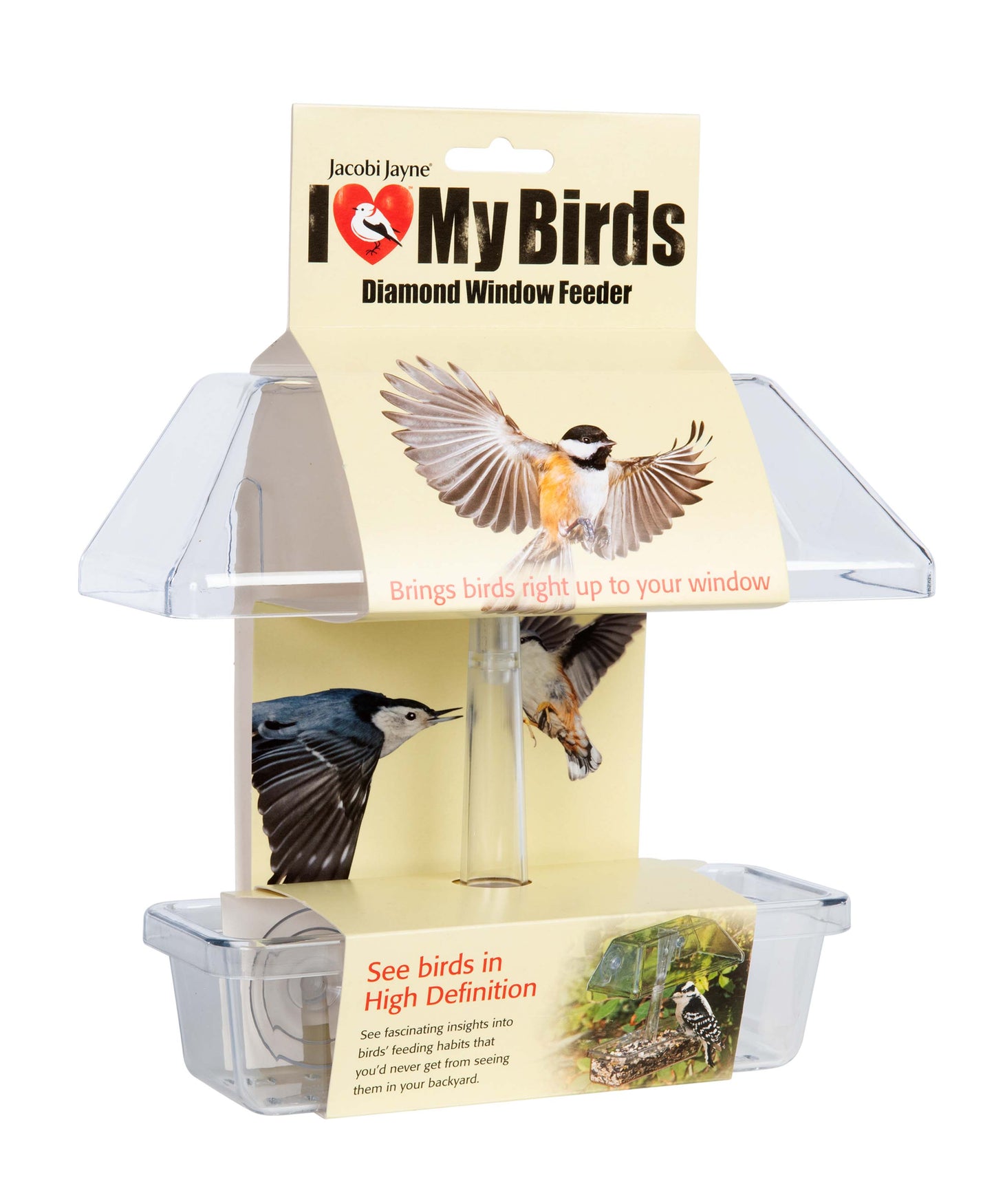 Backyard window bird feeder with strong suction cups, perfect for serving a seed blend and mix of peanuts, sunflower hearts, dried fruit and suet pellets. The bird feeder features a rain proof cover, drainage holes and a large capacity tray for easy refilling. The perfect window feeder for backyard birds like orioles, cardinals, chickadees, woodpeckers, and bluebirds.