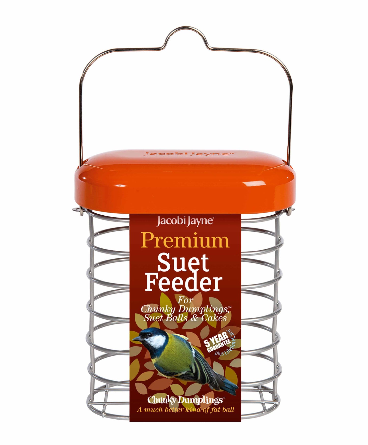 All metal, Jacobi Jayne Premium Suet feeder bird feeder with orange lid for feeding backyard and wild birds fat balls and cakes.