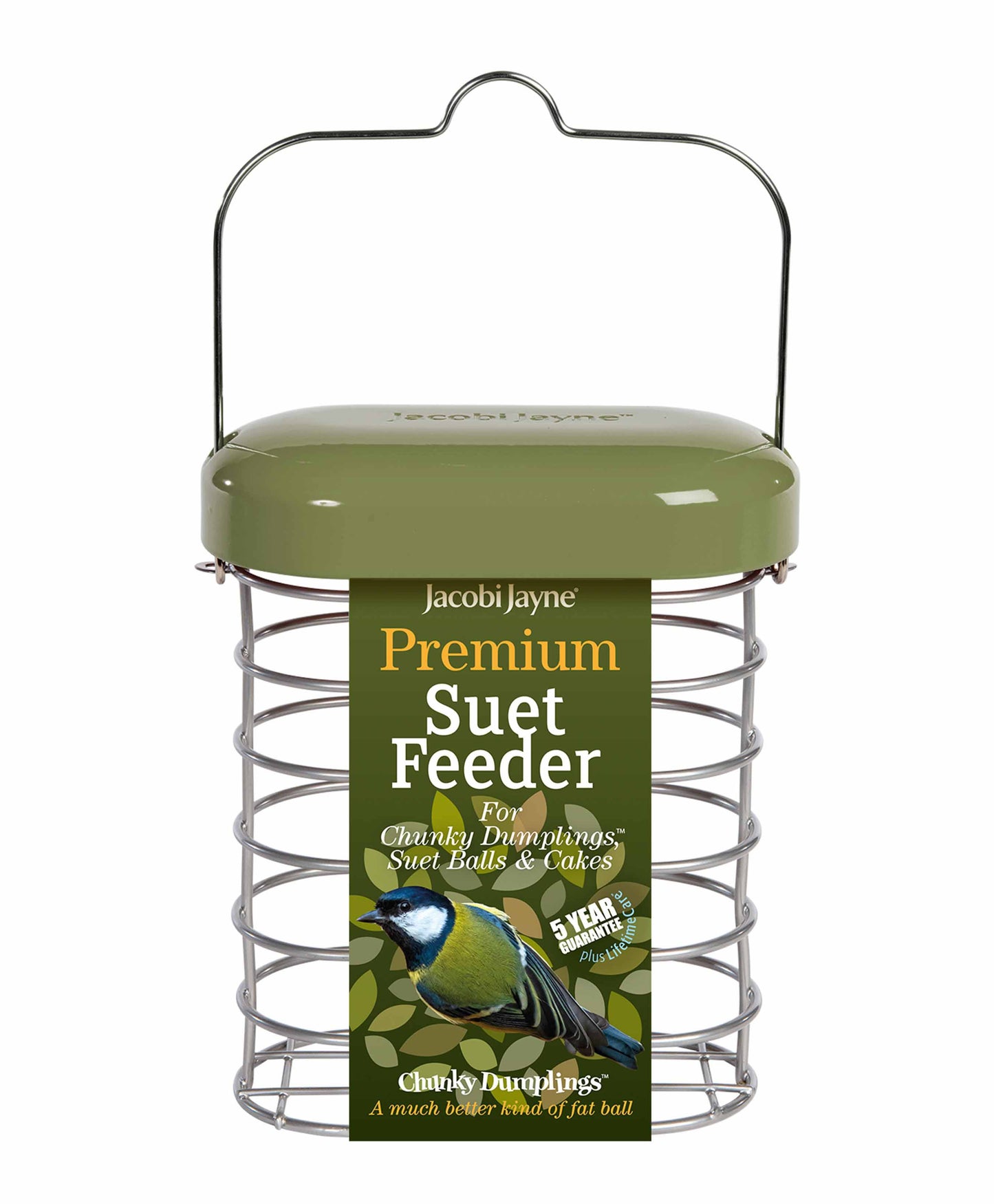 All metal, Jacobi Jayne Premium Suet feeder bird feeder with green lid for feeding backyard and wild birds fat balls and cakes.