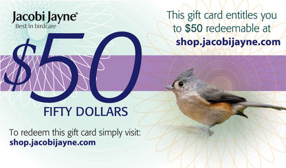 $50 birdcare token with an image of a tufted titmouse perched on a dish feeder.