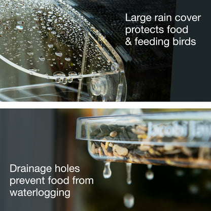 Large rain cover protects food & feeding birds. Drainage holes prevent food from waterlogging. 