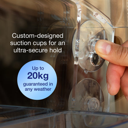 Custom-designed suction cups for an ultra-secure hold. Up to 20kg guaranteed in any weather